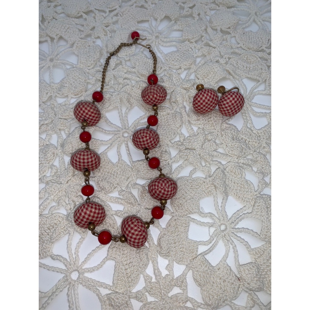 Vintage 1950s Red White Gingham Fabric Bead Necklace Clip Earrings
